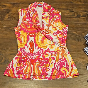 J Mclaughlin Pink Yellow Brown Faux Wrap Tank top sz smalp